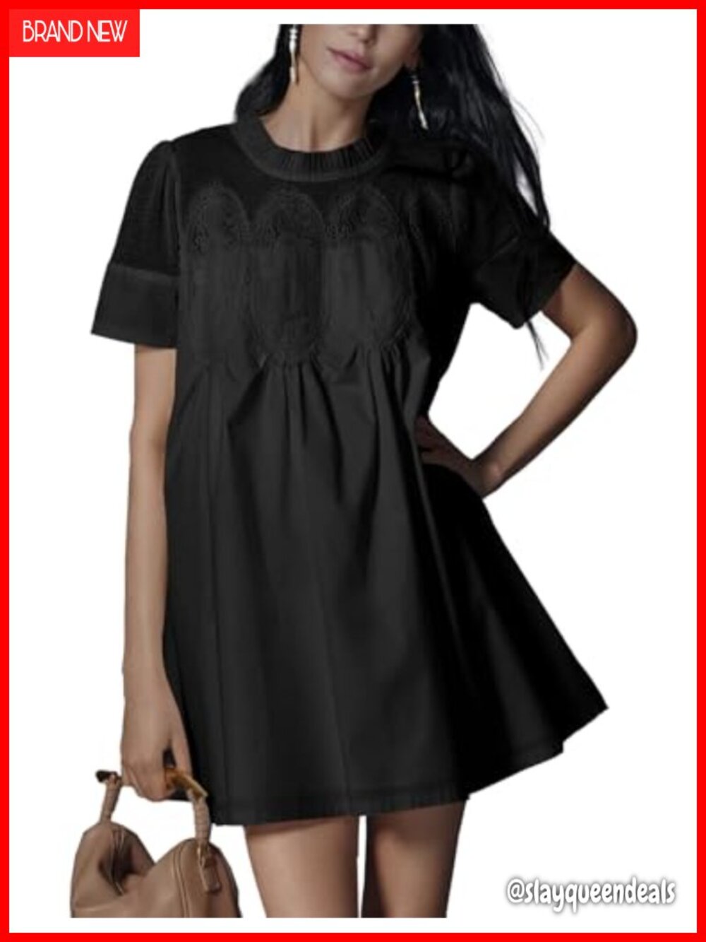 Womens Lace Babydoll Mini Dress Short Sleeve Sundress